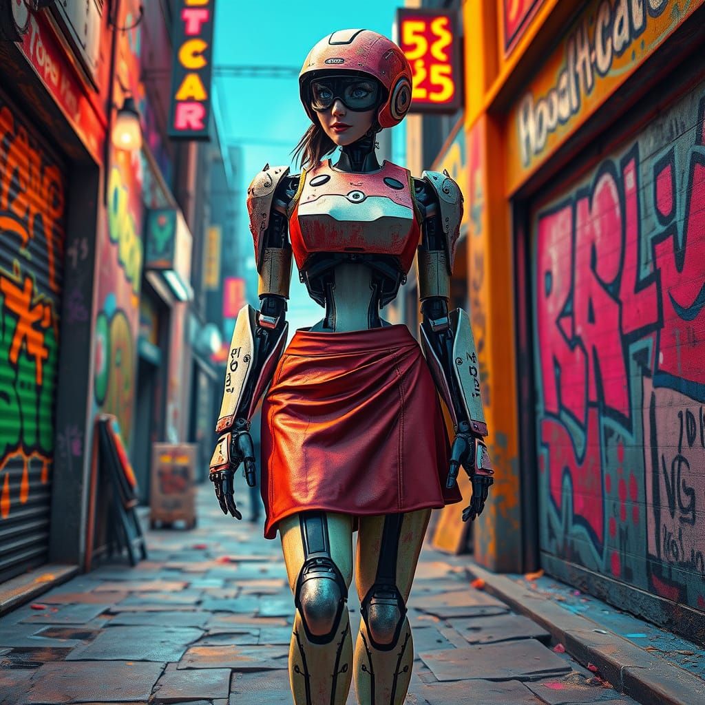 Robot in 50s Skirt in Polychromatic Street Art