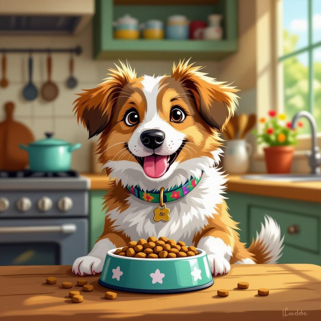 Cozy Kitchen Scene: Dog Eating Kibble, Beatrix Potter Style