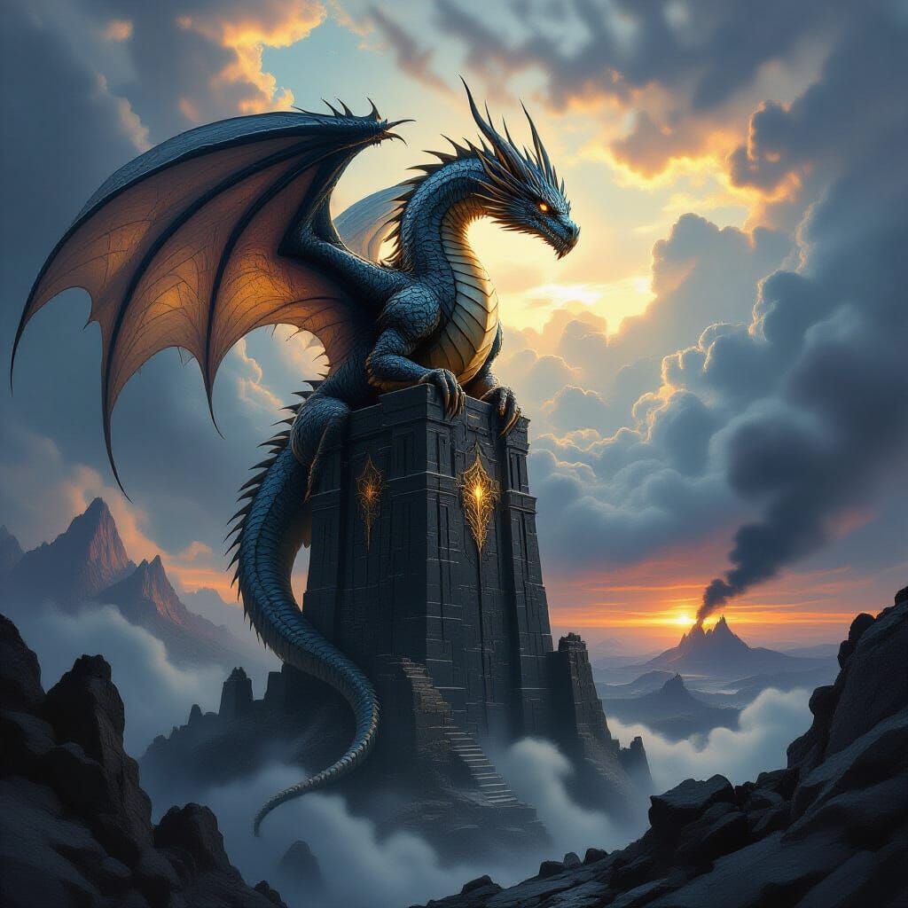 Majestic Ancient Dragon on Obsidian Tower in Fantasy Art Sty...