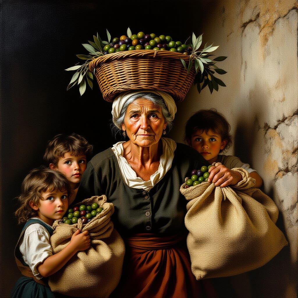 Baroque Sicilian Woman With Olives and Grandchildren