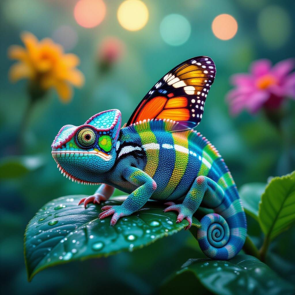 Chameleon Mimics Psychedelic Butterfly in Surreal Garden
