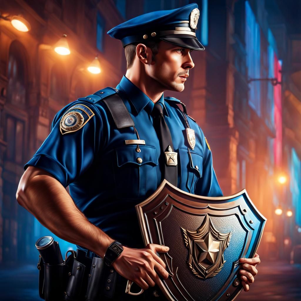 Police officer and his commemorative shield