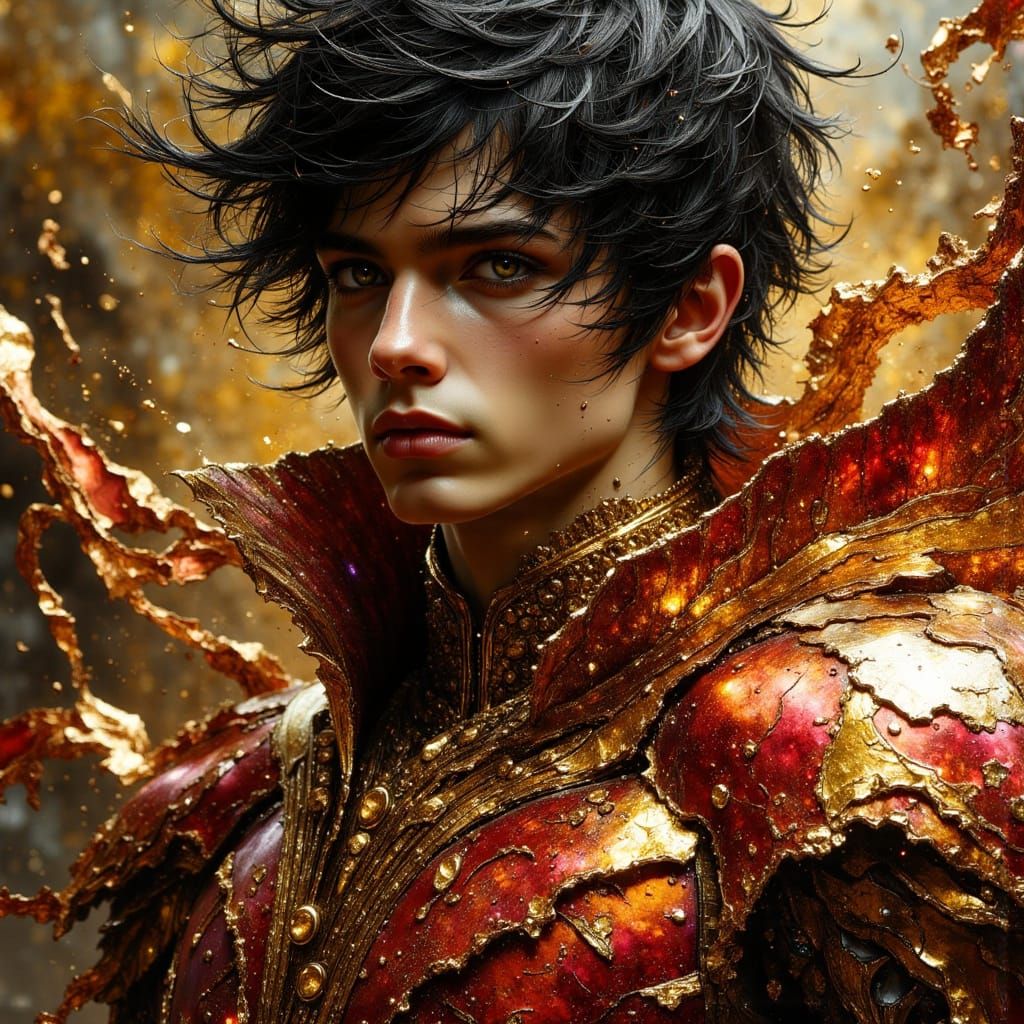 Fantasy Prince in Metallic Crimson and Gold Armor