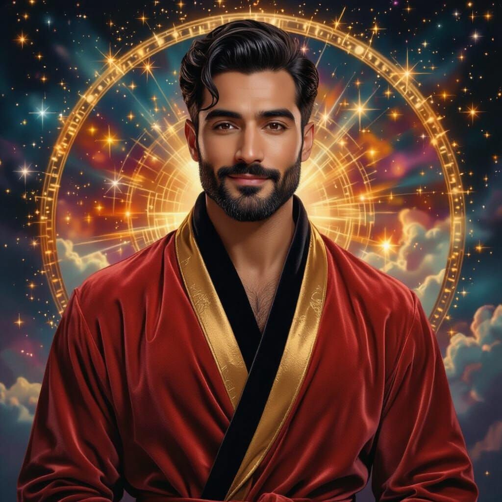 Elegant Man in Velvet Robe with Cosmic Background