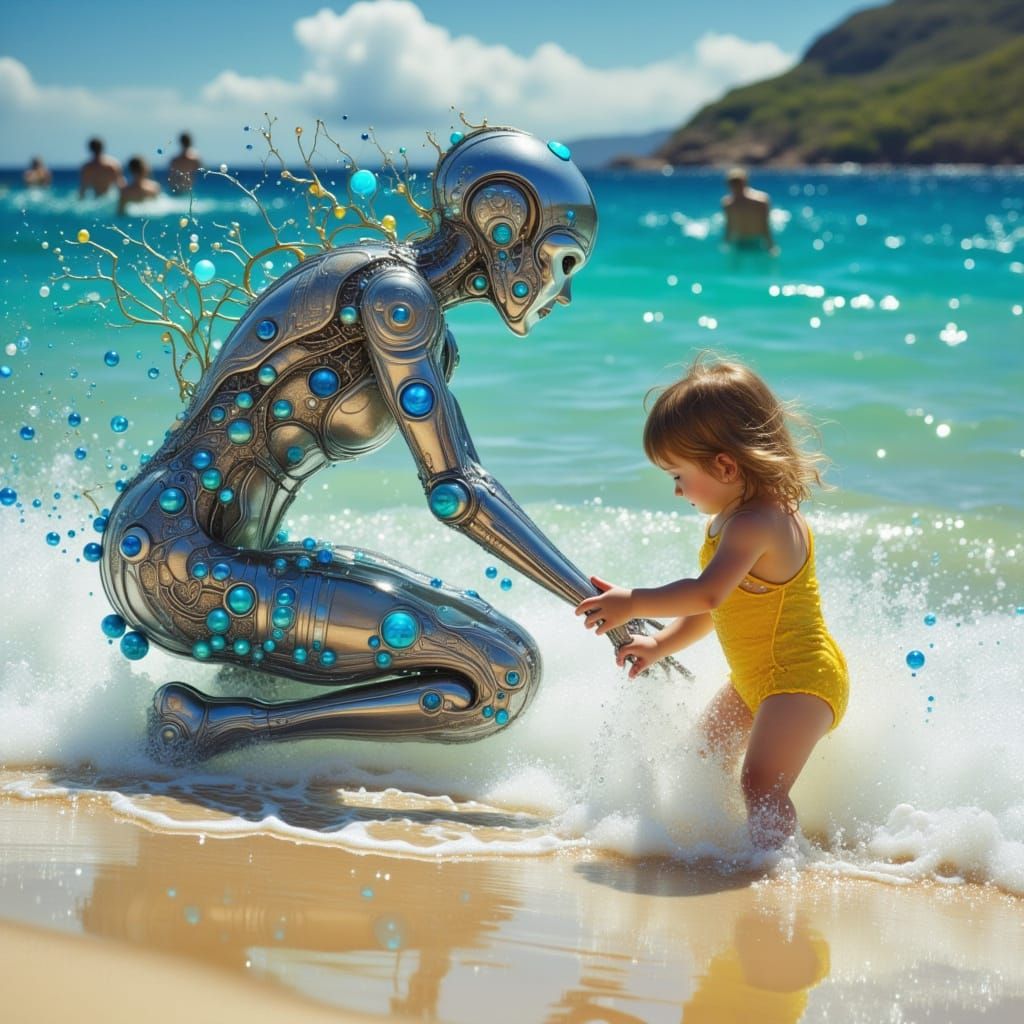 Futuristic Robot Plays With Child on Sunny Beach