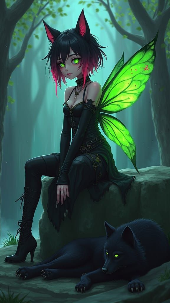 Gothic Fairy with Wolf in Anime Style