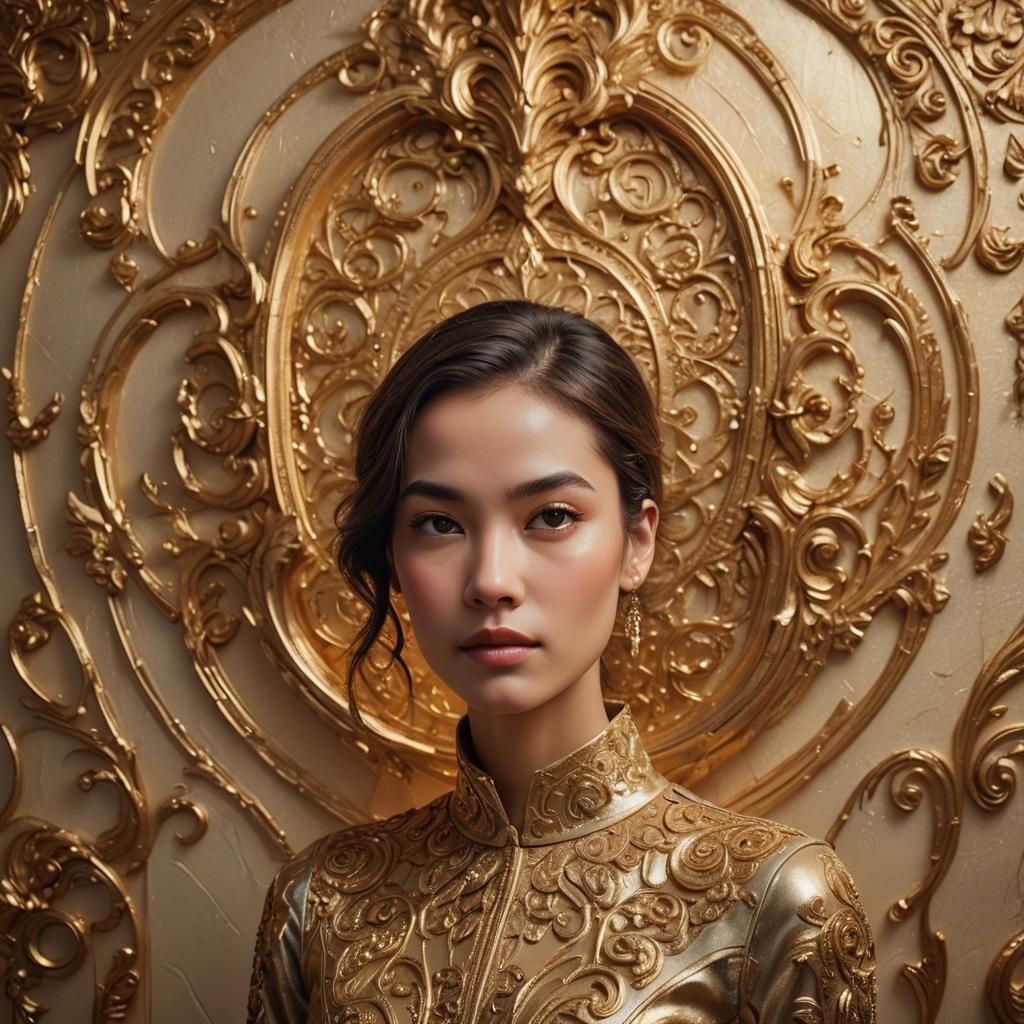 Hyperrealistic Woman in Front of Golden Wall