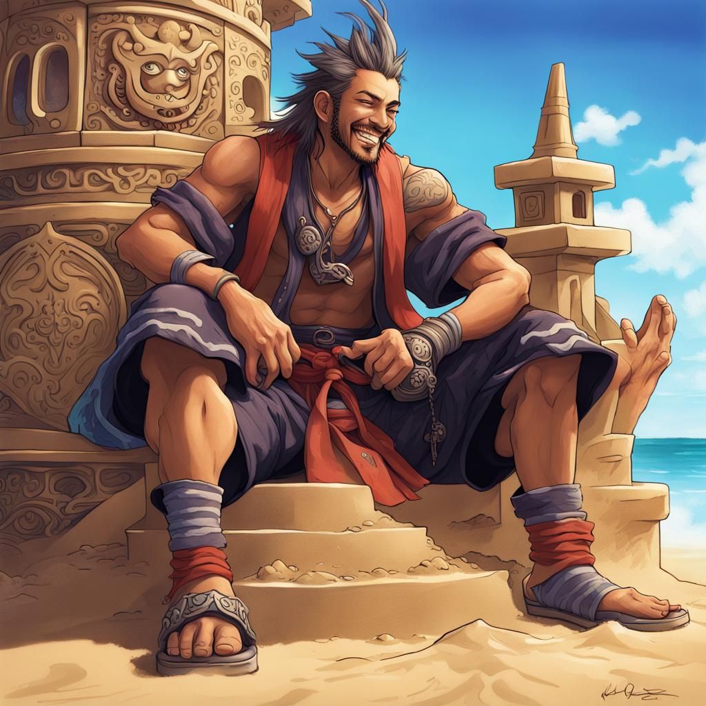 Auron Guards Sandcastle on Hawaiian Vacation: Hyperrealistic...