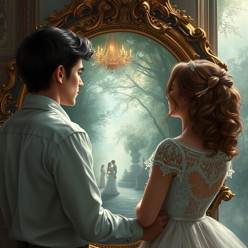 Ethereal Couple Gaze into Mirror Reflecting First Meeting