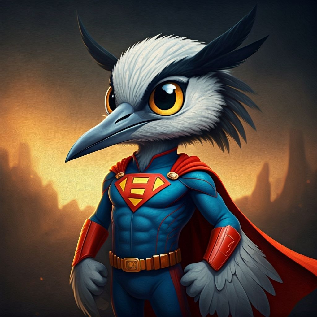 Chibi Heron Superhero in Dramatic Oil Painting Style