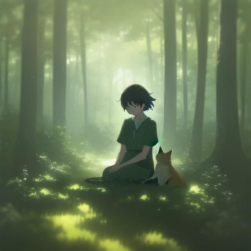 Girl with Mint Cat in Anime Style Glade