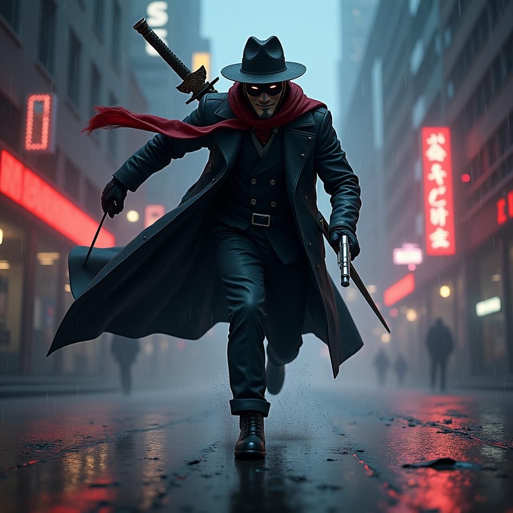 Masked Detective Sprinting in Noir Chiaroscuro Style