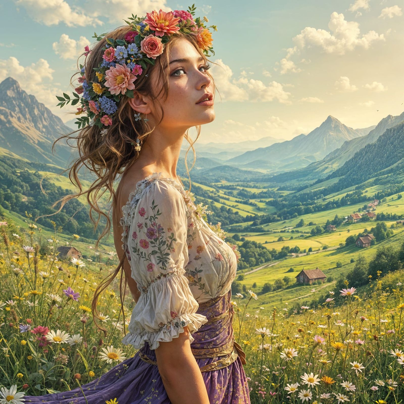 Enchanted Wench Dances in a Flowered Meadow