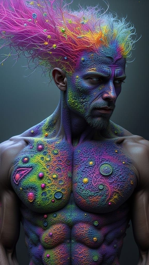 Fractal-Faced Man in Surreal Biomechanical Dreamscape