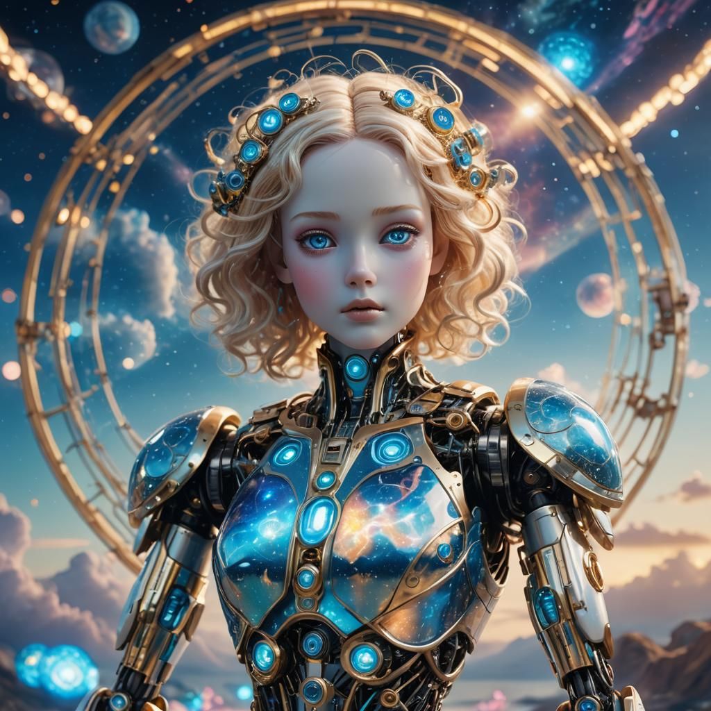 Futuristic Robot Doll in Celestial Landscape