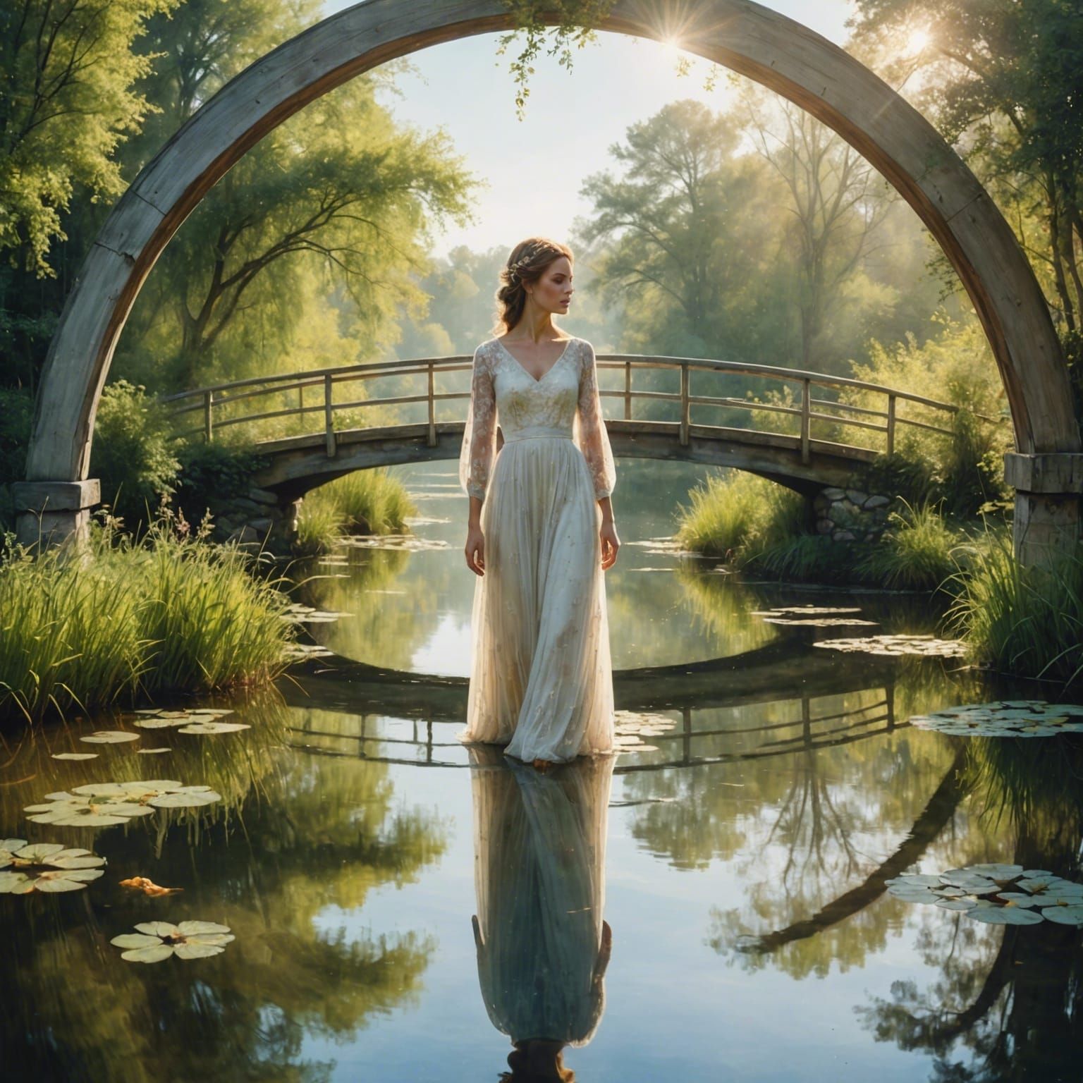 Woman on Bridge: Surreal Double Exposure Oil Painting