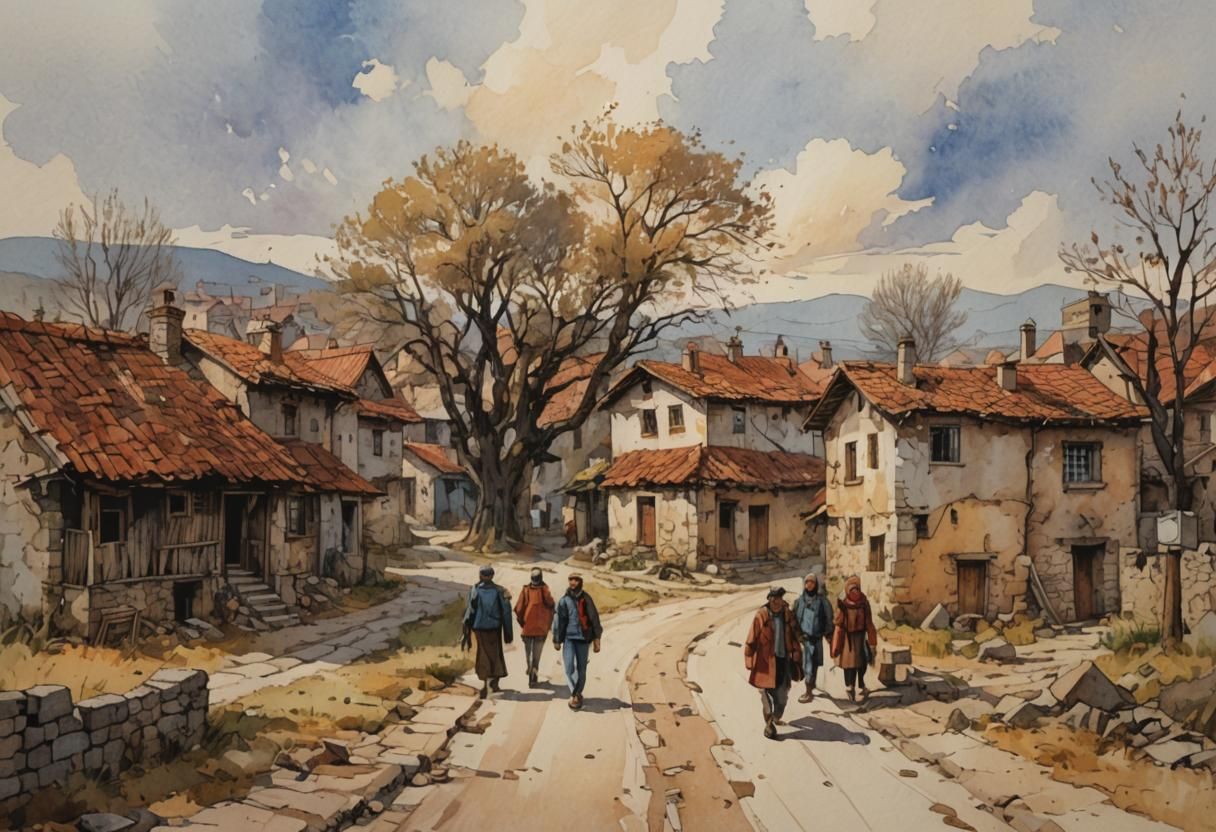 Bulgarian Village Watercolor Comic Book Illustration