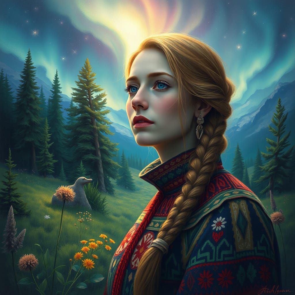 Surreal Portrait of a Northern Goddess in a Vibrant Wilderne...