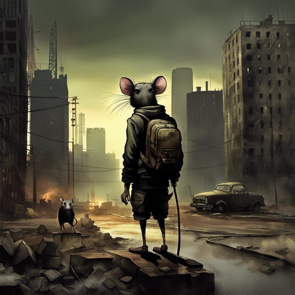 Dystopian Post-Apocalyptic Cityscape with Creepy Rat