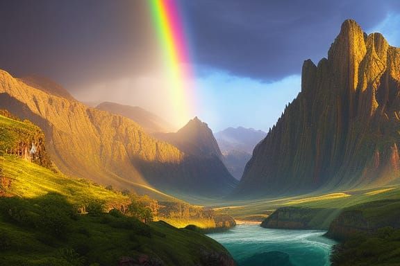 Epic Rainbow Over Mountain Valley, Digital Matte Painting