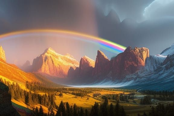 Epic Rainbow Over Mountain Valley