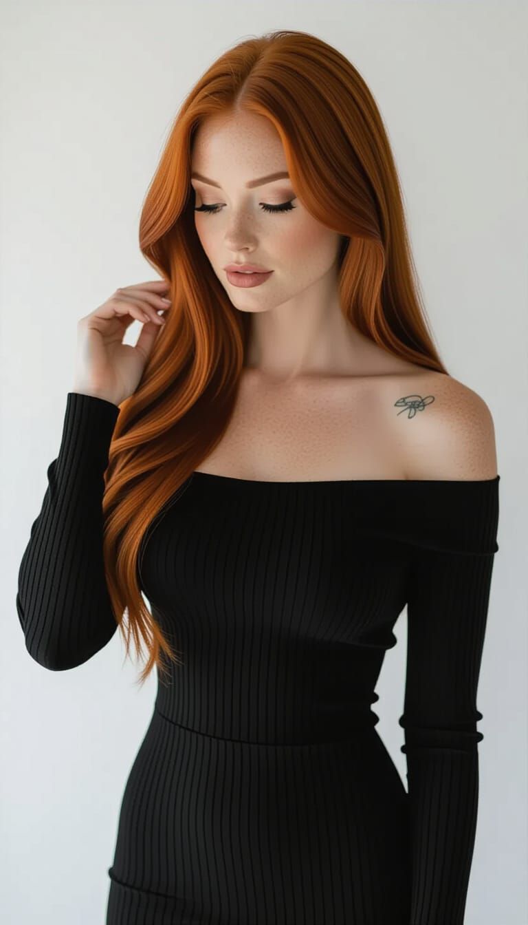 Studio Portrait of Red-Haired Woman in Black Dress