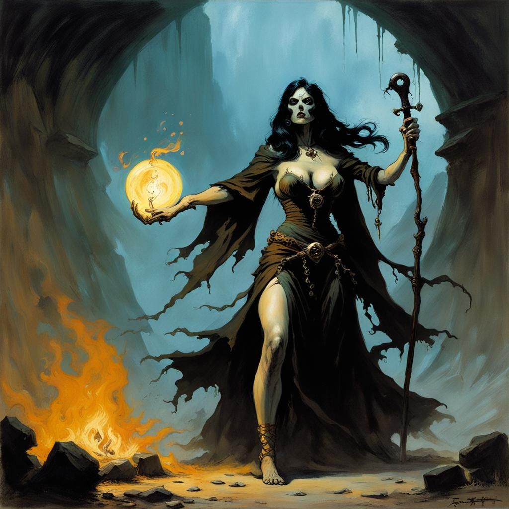 Necromancer Woman Casting Spell in Fantasy Art Style
