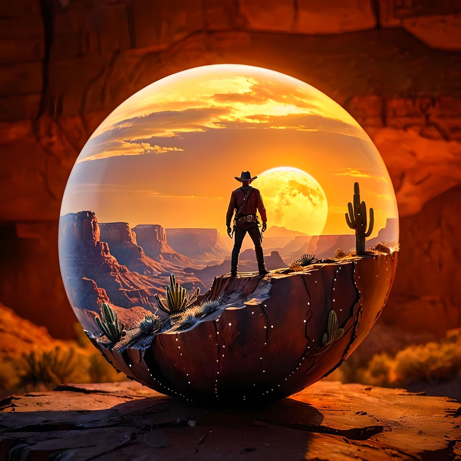 Cowboy with Glowing Orb in Grand Canyon Landscape