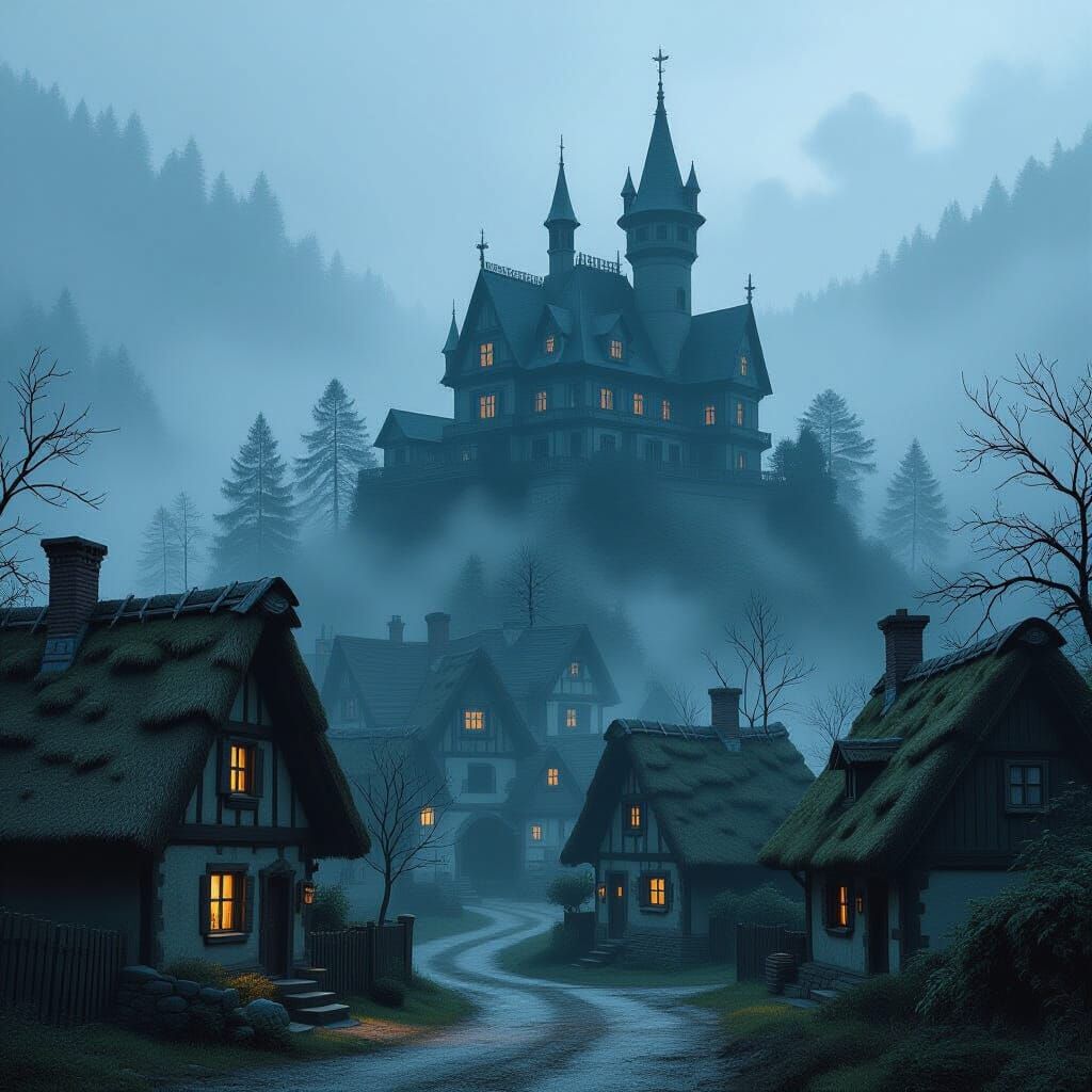 Eerie Mansion in Misty Forest: Cinematic Landscape