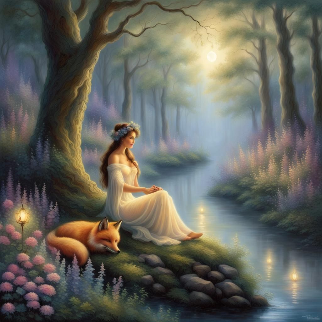 Ethereal Woman and Fox in Moonlight