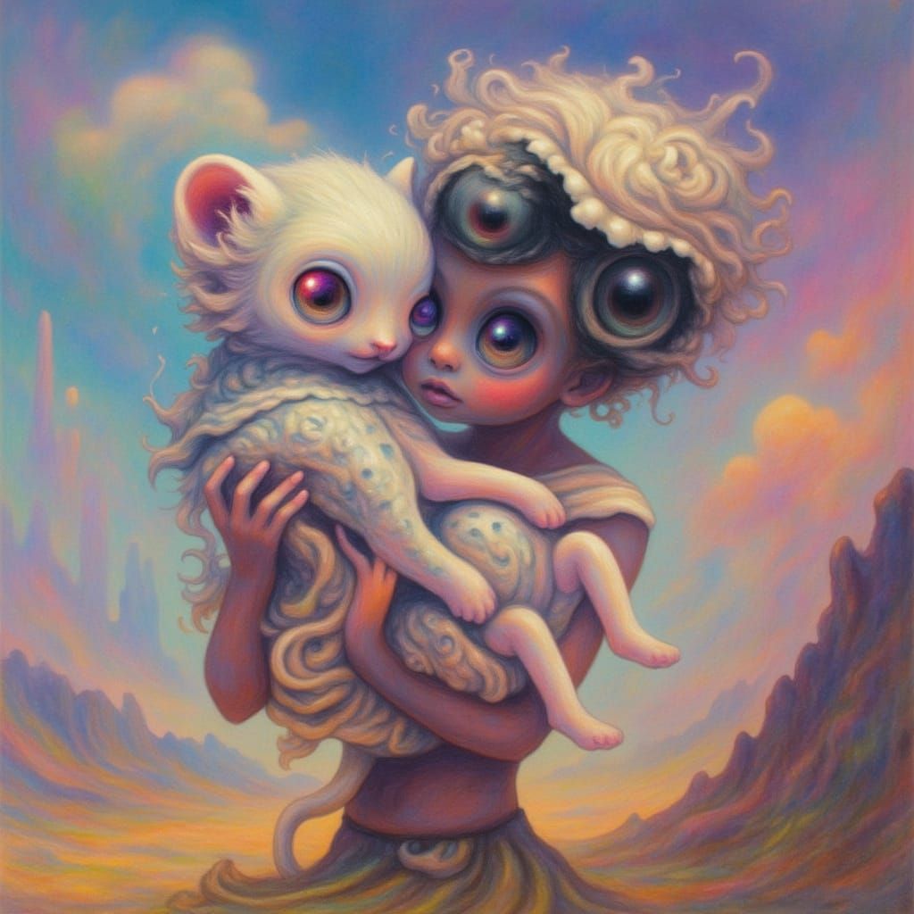 Alien Nurturer With Newborn Creature in Painterly Style