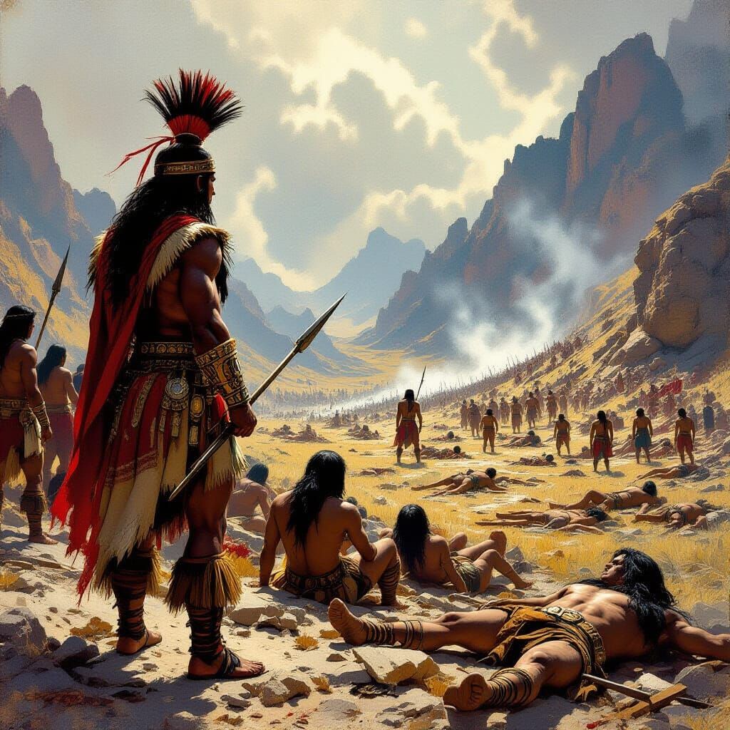 Victorious Inca Warrior Surveys Battlefield in Fantasy Art S...