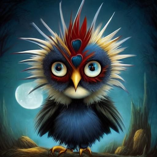 Gothic-Punk Baby Bird in Whimsical Fairytale Scene