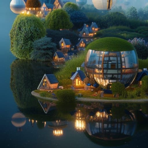 Miniature Village with Balloons in Floating Orb