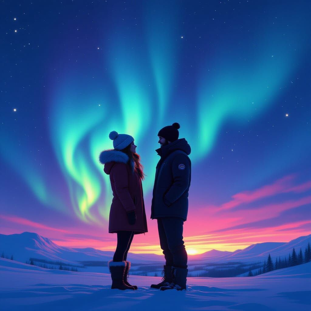 Couple Silhouetted Against Northern Lights in Dreamy Style