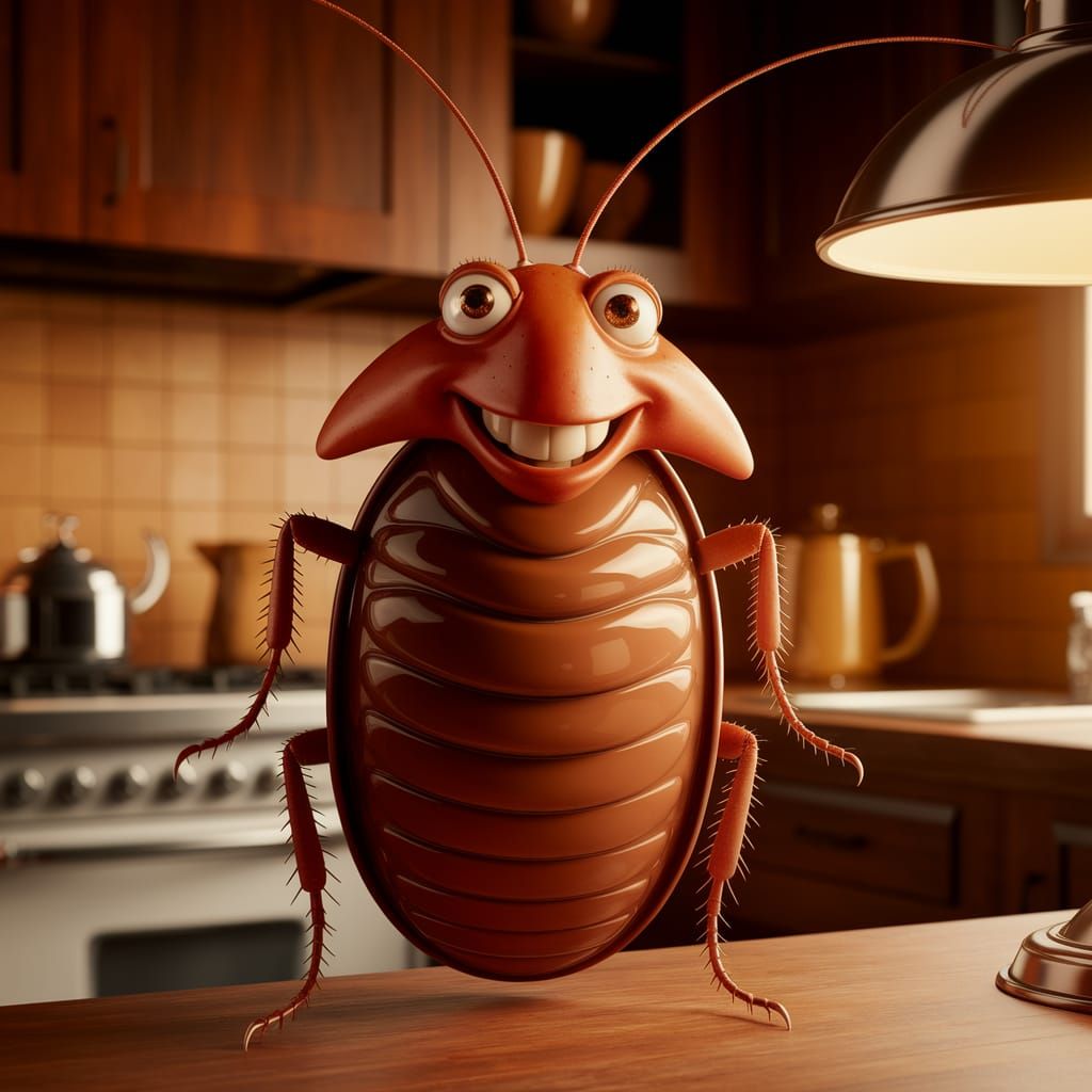 Anthropomorphic Cockroach Smile in Cozy Kitchen