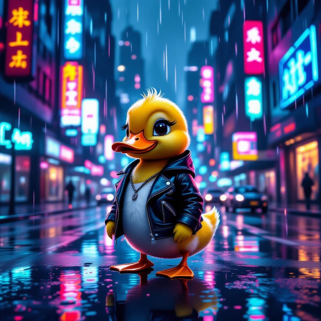 Cyberpunk Duck in Neon Cityscape
