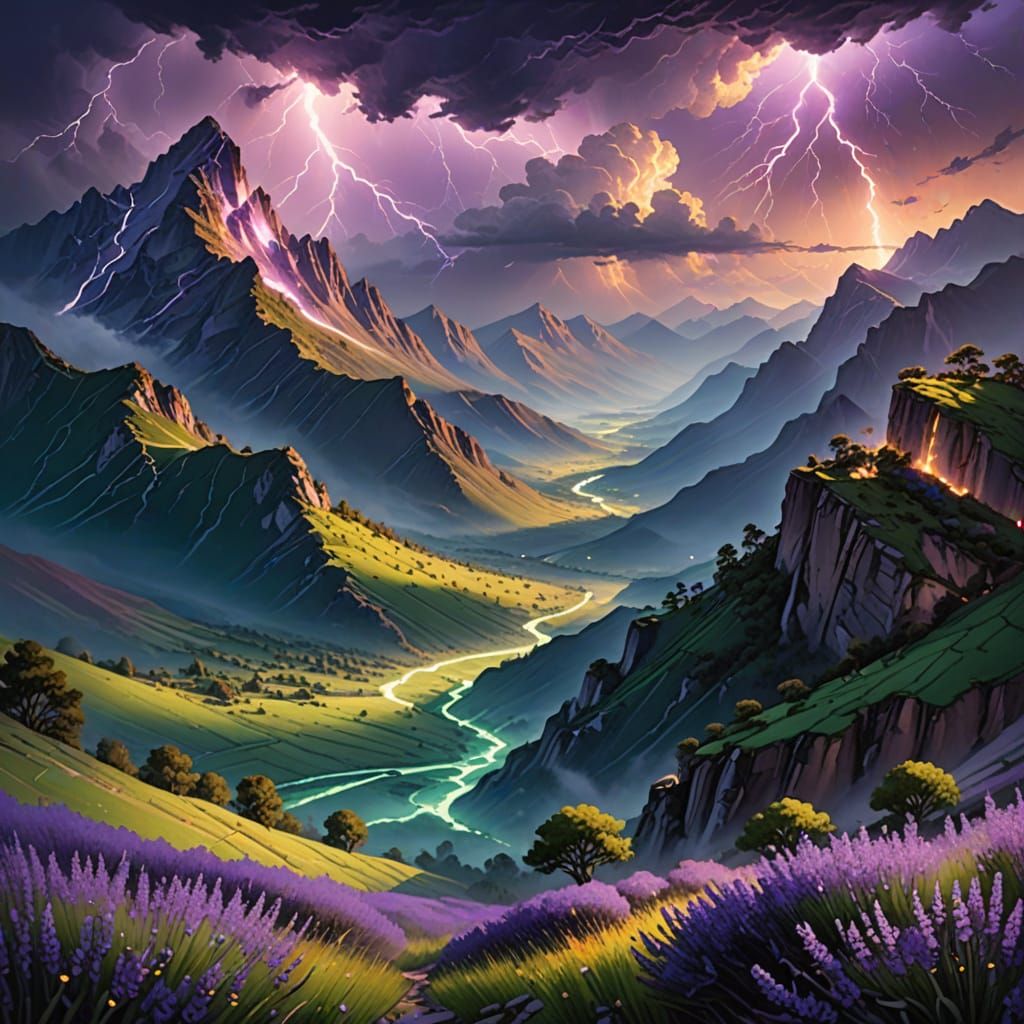 Jade Mountains Under Lavender Lightning: Oil Painting