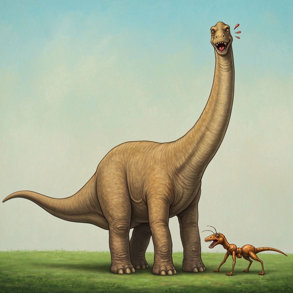 Brachiosaurus Scared of Ant in Acrylic Painting Style