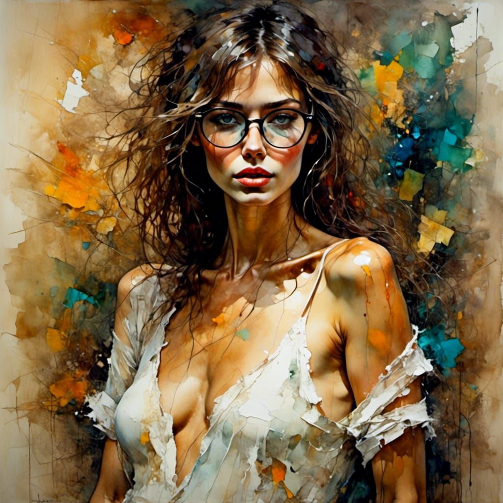 Seductive Brunette Portrait as Impasto Oil Painting