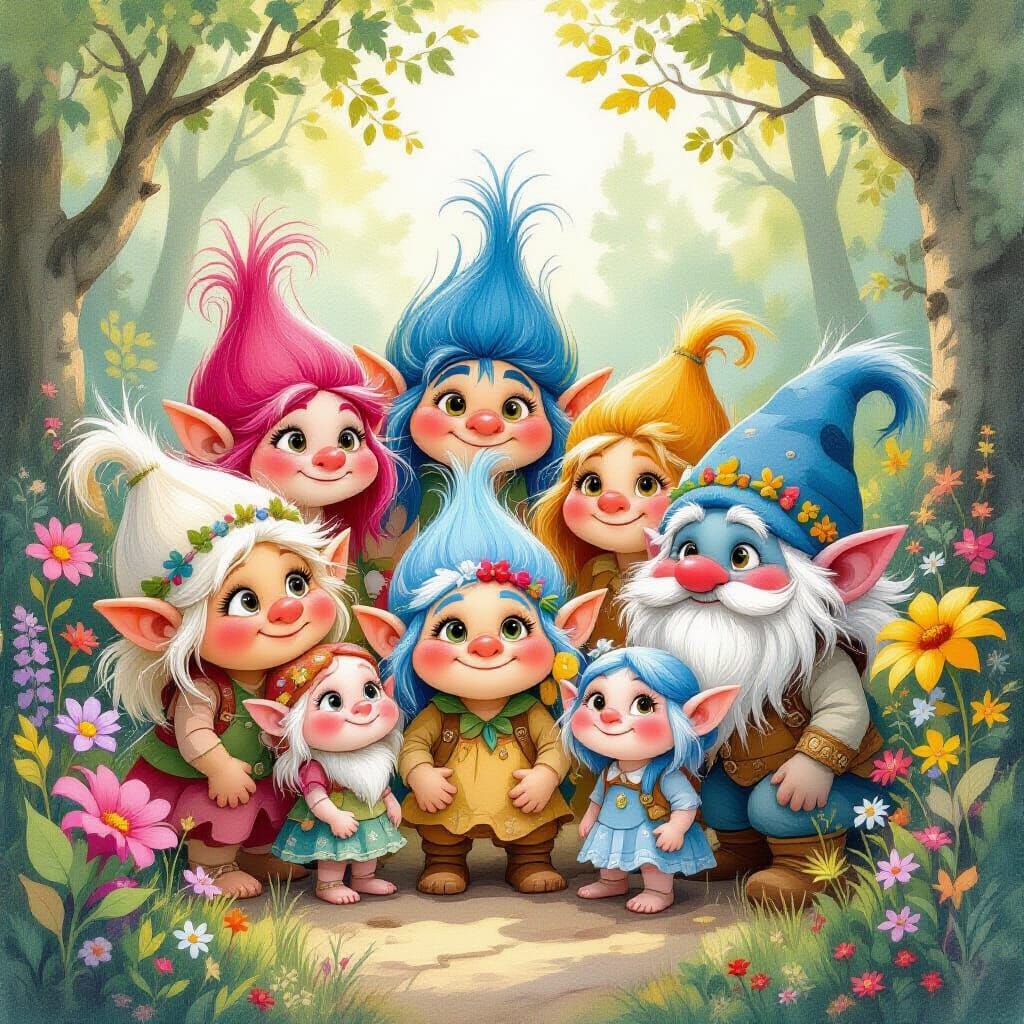 Adorable Trolls in Vibrant Forest Setting, Gouache Painting