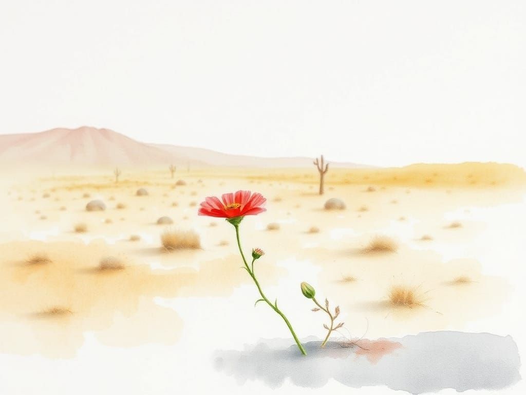 Solitary Red Flower Blooms in Desert Landscape: Watercolor
