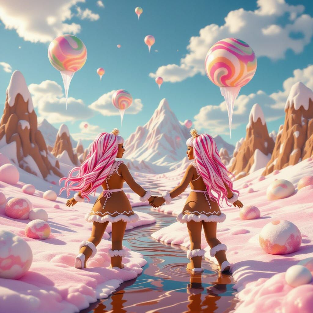 Gingerbread Women in Surreal Candy Landscape