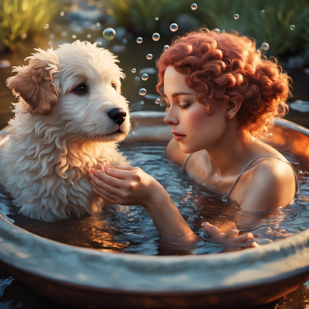 Woman Bathes Puppy in Stream, Fauvism Style