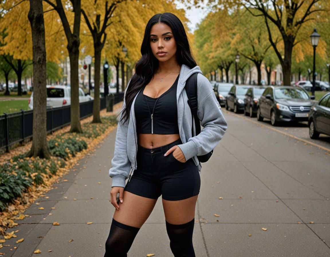 Athletic Woman Posing in Park with Hoodie and Stockings