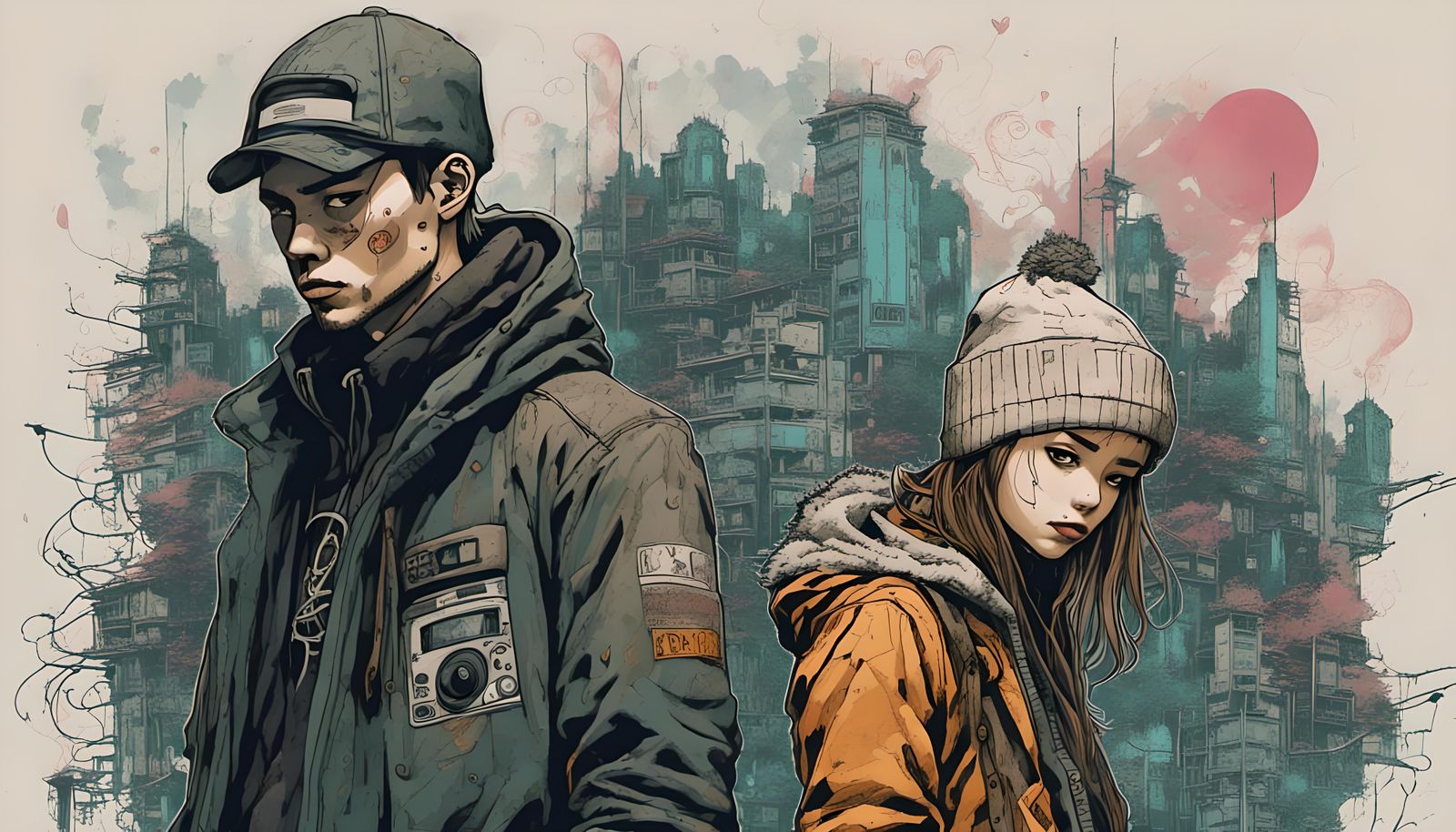 Cyberpunk Lovers Questioning the Future in Pencil and Ink