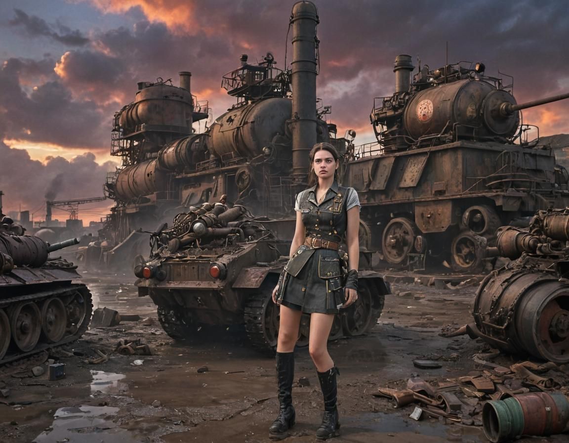 Dieselpunk Soldier Girl with Panzer Tank