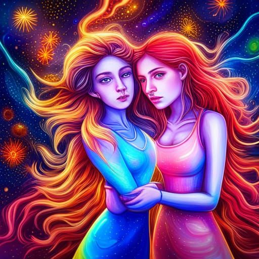 Girls' Friendship: Holographic Astral Cosmic Illustration