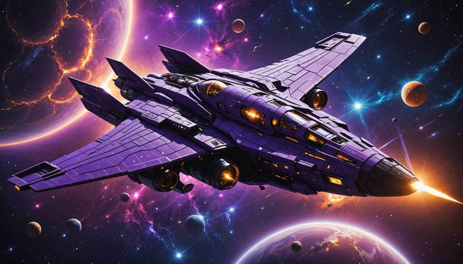 Futuristic Purple Spaceship Soaring Through Star Field