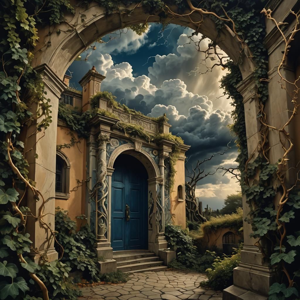 Surreal Storm Cloud Forms Near Escher Doorway